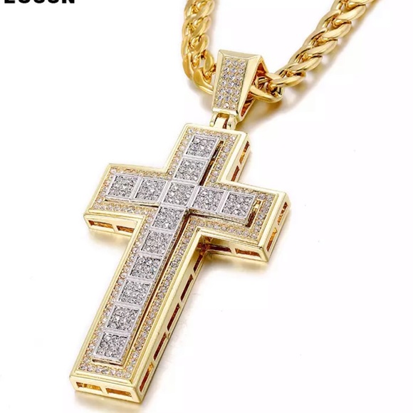 Two tone hip hop cross necklace gold silver - Picture 2 of 3